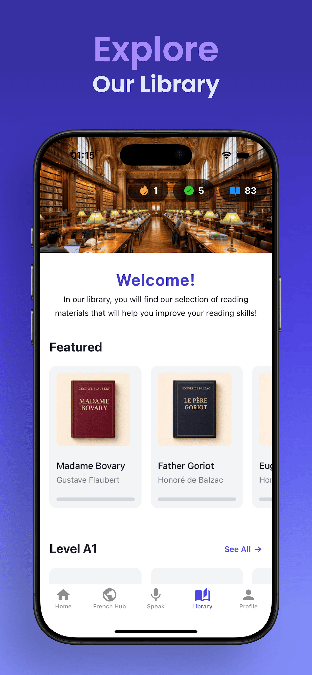 The French reading library sorted by level